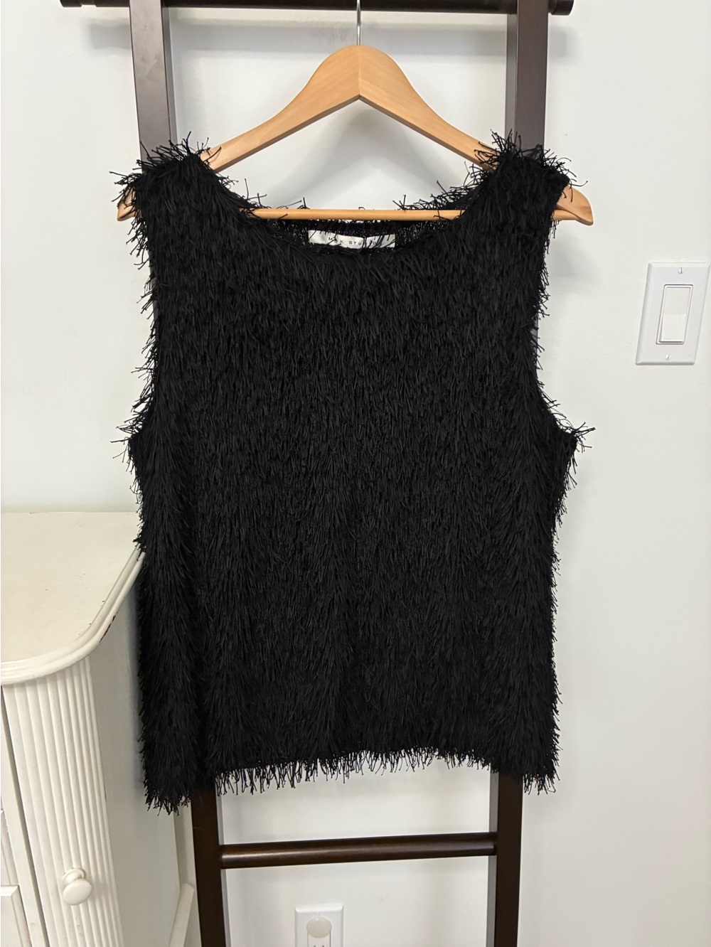 Max Studio Women’s Black Textured Fringe sleeveless top.
